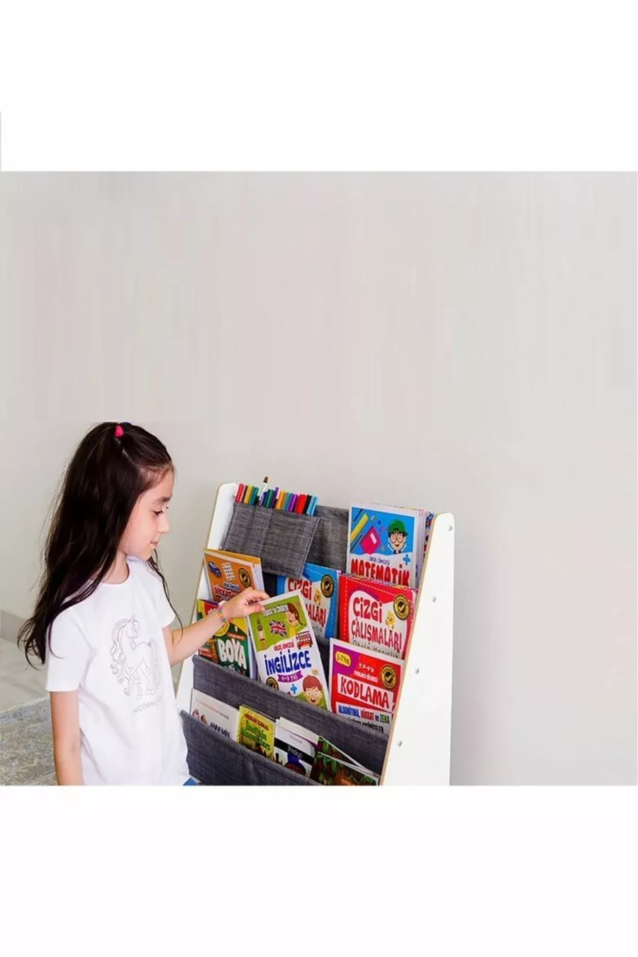 Montessori Vorschule Kindergarten Kinderzimmer Bücherregal aus Holz mit Stoff, waschbarer grauer Stoff