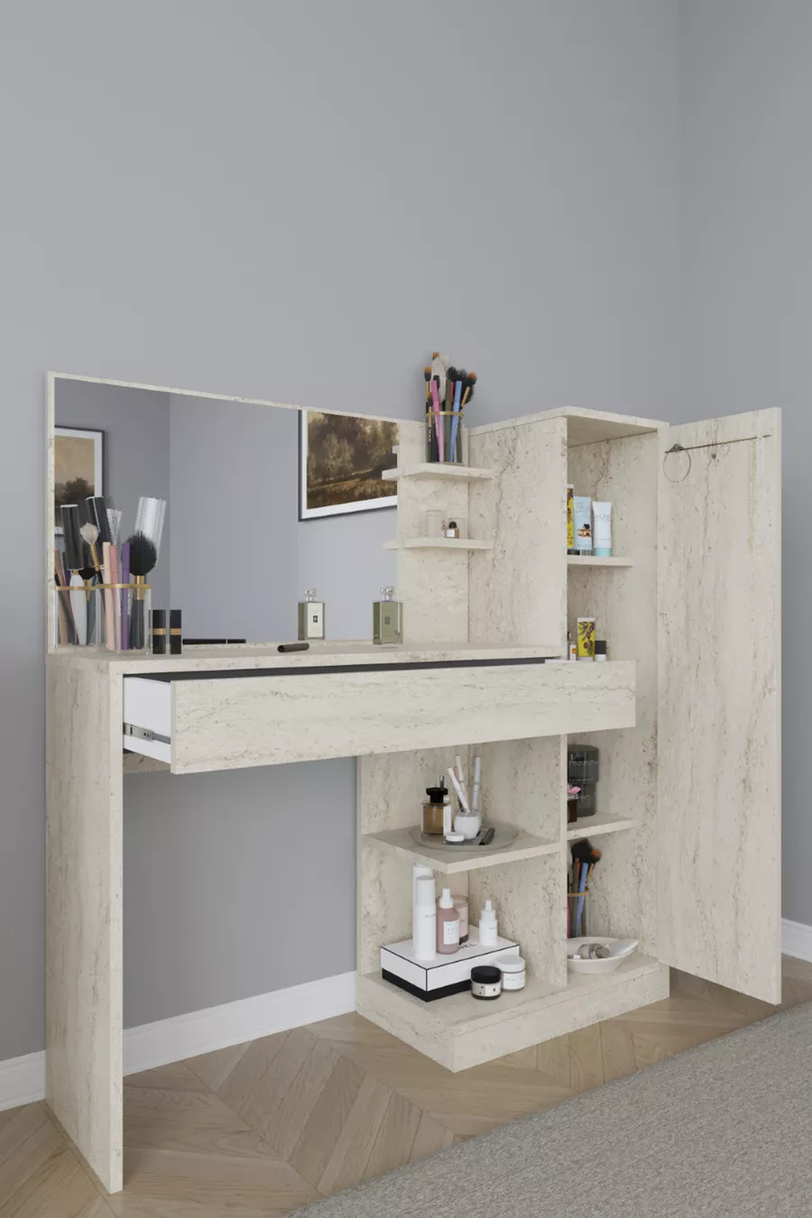 Orkide Schminktisch, mit 1 Schublade, Schrank und Spiegel