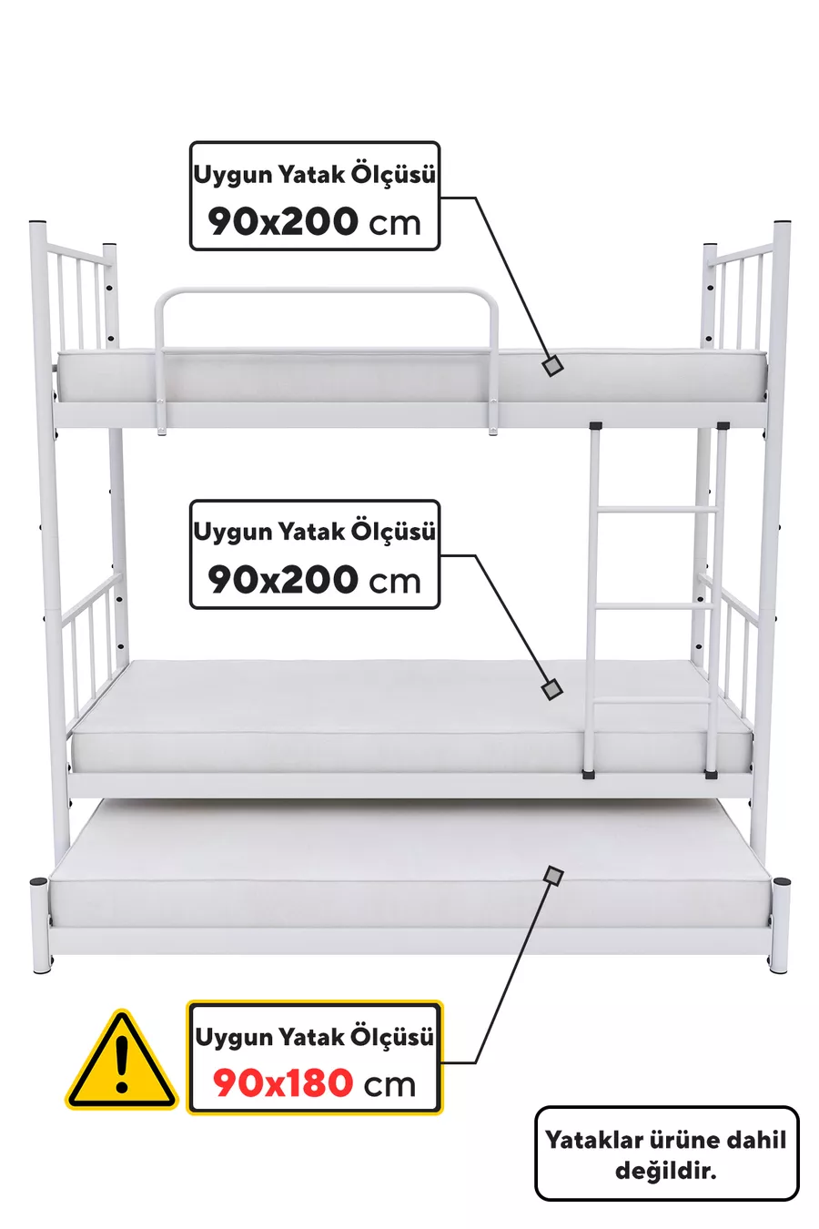 Lit superposé Tekno avec tiroirs, compatible lit, pour 3 personnes, en métal blanc
