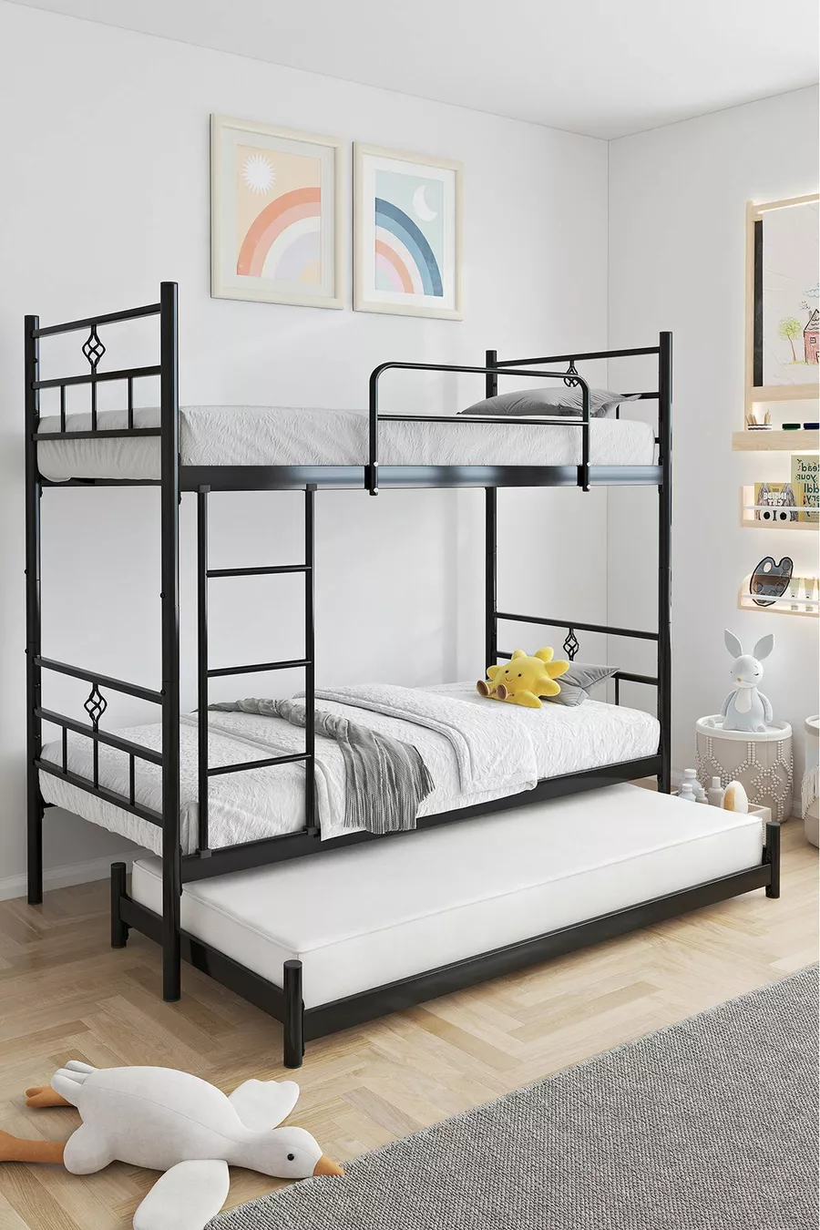 Koza Loft Bunk Bed Compatible with Mattress, 3-Person Black Metal Bunk Bed