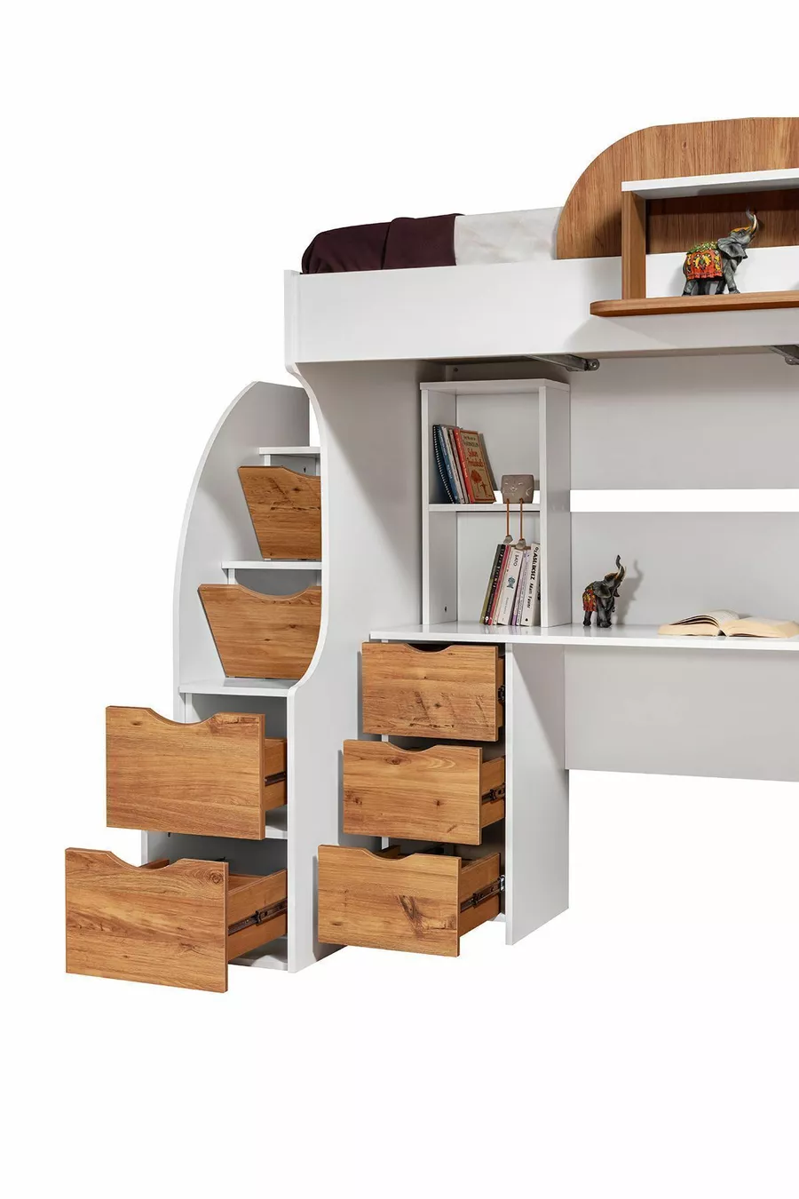 Bunk Bed, Litera Bunk Bed Wardrobe Desk, White-Dark Walnut 1 Comfort Mattress