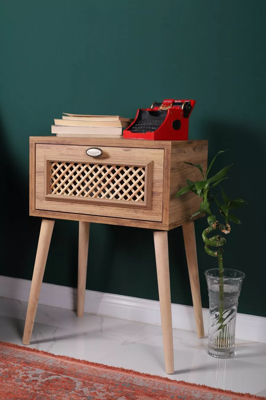 Nachtkastje met deksel voor naast het bed, nachtkastje met dennenhouten frame