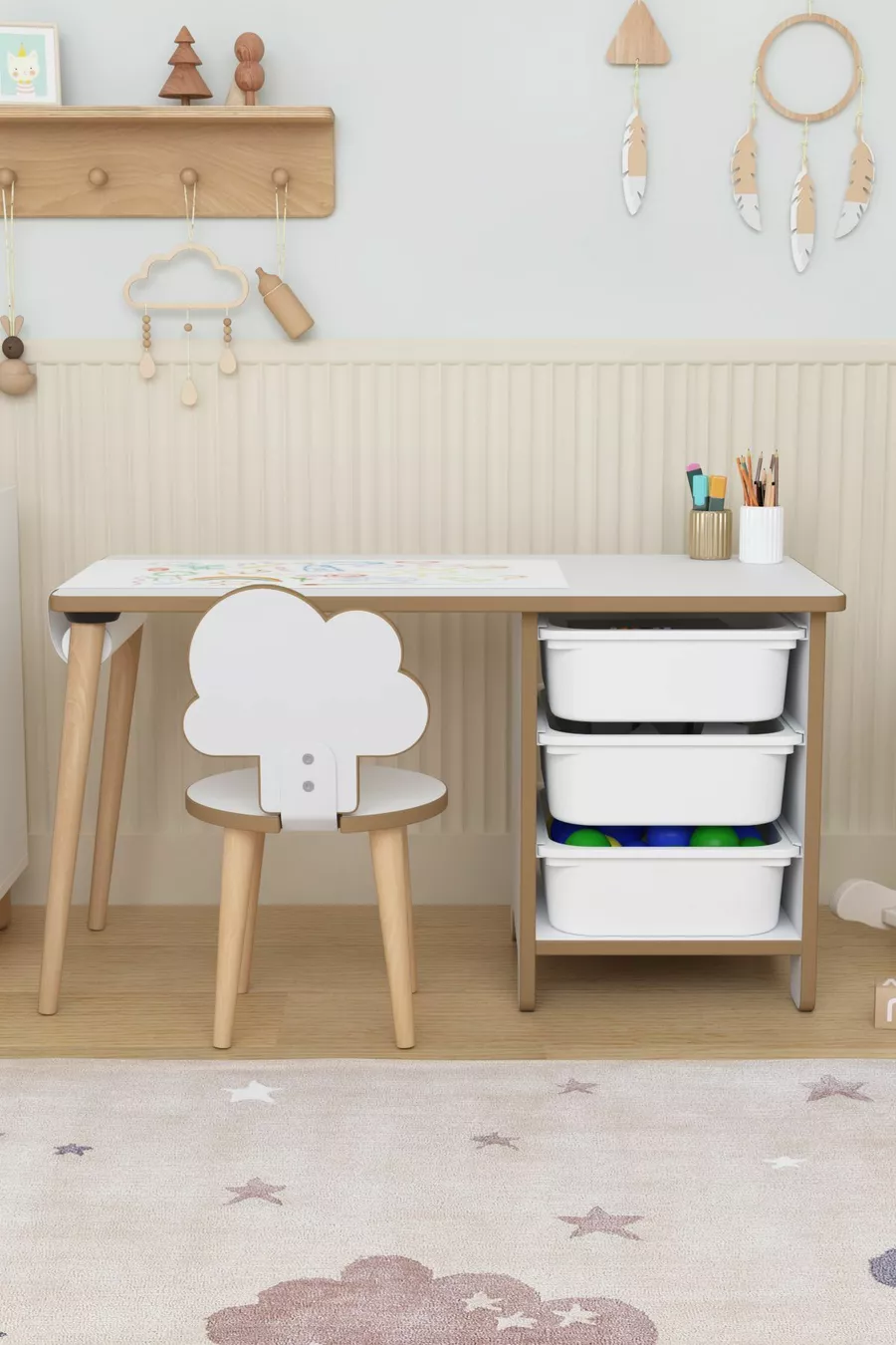 Aktivitätentisch mit Papierrolle Kinderarbeitstisch Spielzeugschrank