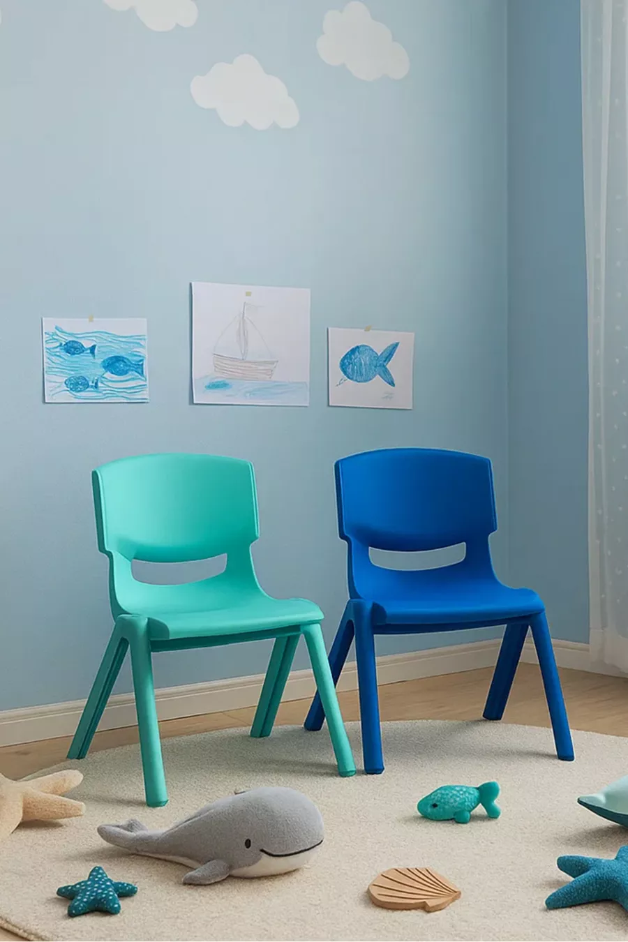 2 Chaises pour enfants de crèche et maternelle en plastique dur - Turquoise/Bleu