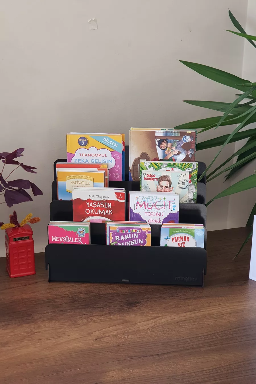 Mini Biblioteca Montessori Lucky per Bambini con 4 Ripiani in Legno, Libreria per Cameretta, Mini Libreria da Tavolo