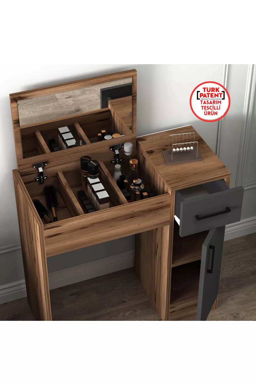 Make-up tafel met spiegel en kast, kleur walnoot, antraciet - Inci met 4 verschillende kleurkeuzes