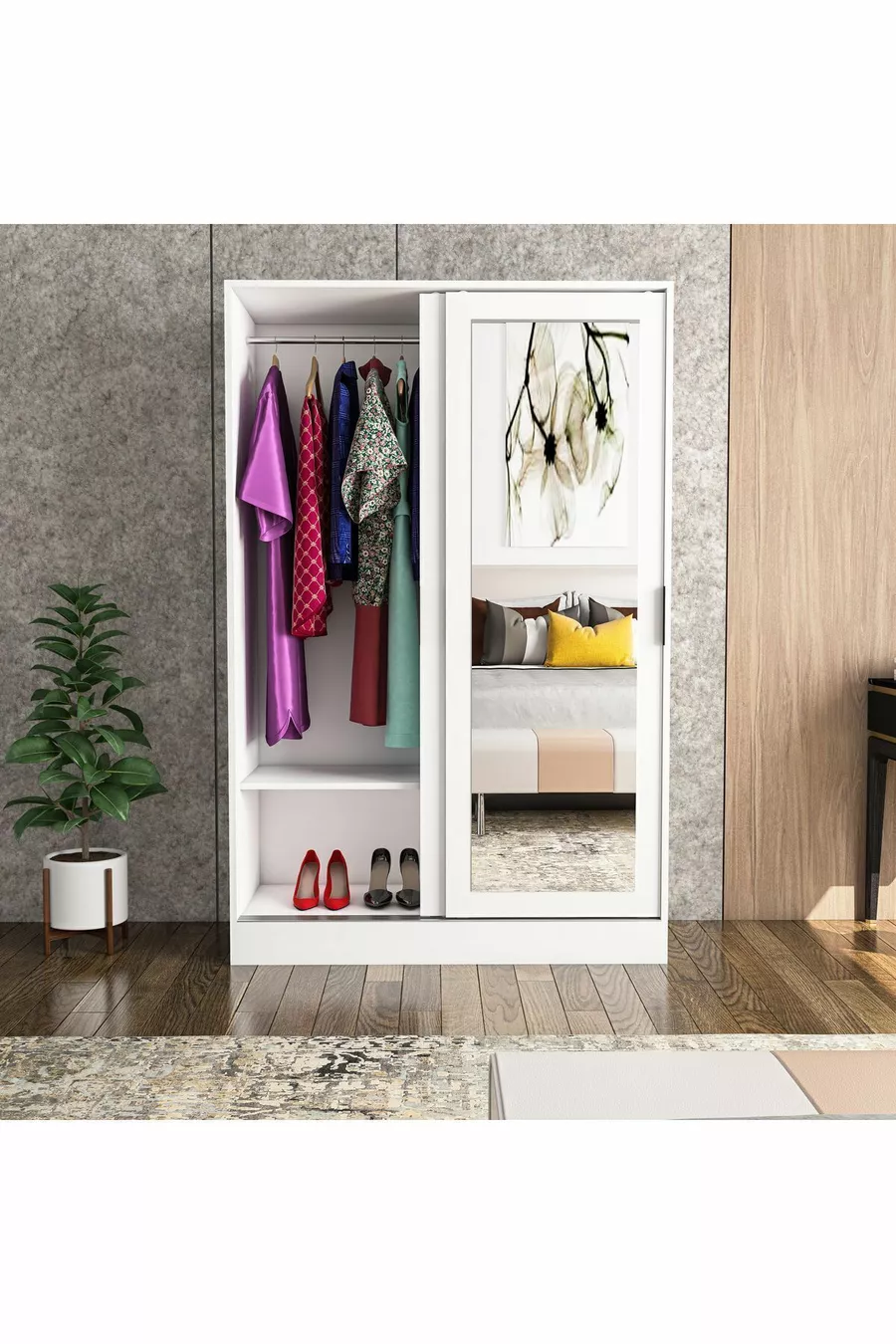Berceste White 2-Sliding Door Mirrored 8-Section Wardrobe Closet
