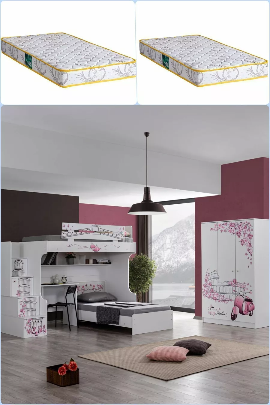Lits superposés, Lit superposé Pisa, Table, Armoire 3 portes, 2 matelas Comfort