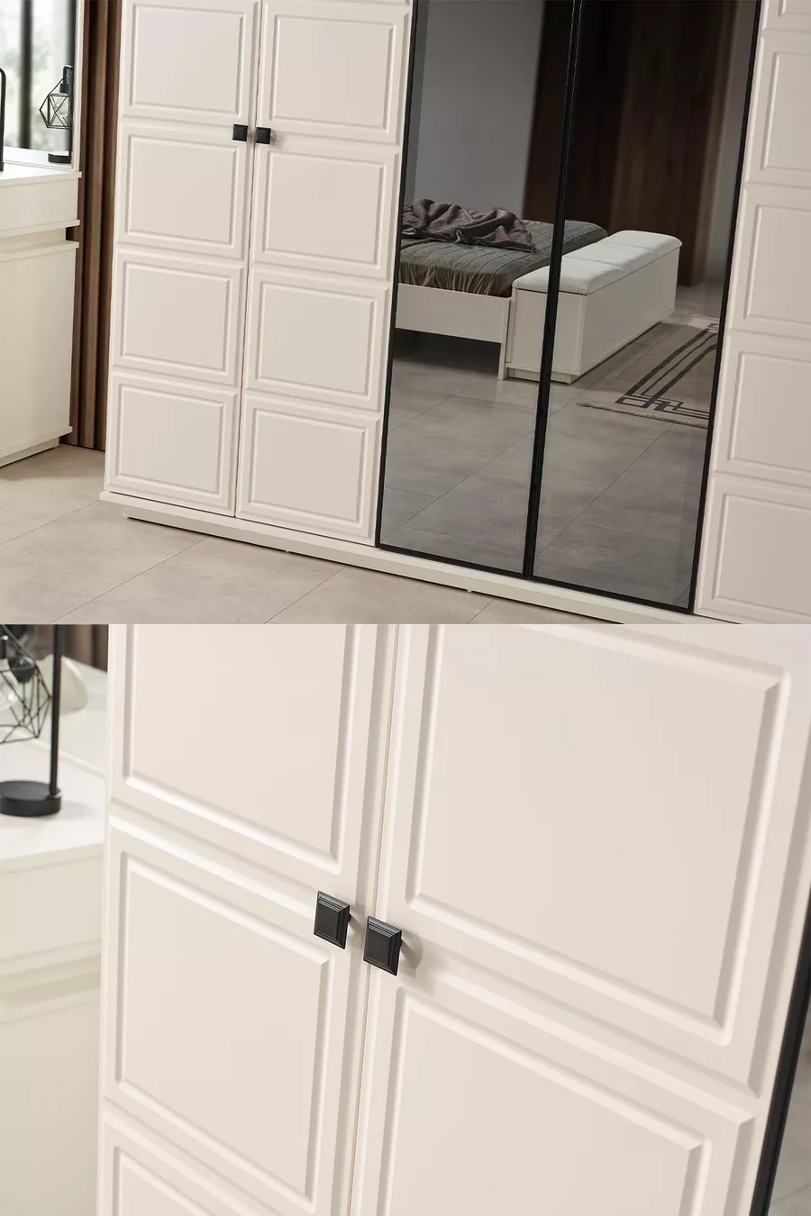 Ensemble de chambre à coucher moderne Vizyon avec banc bohème et 6 portes