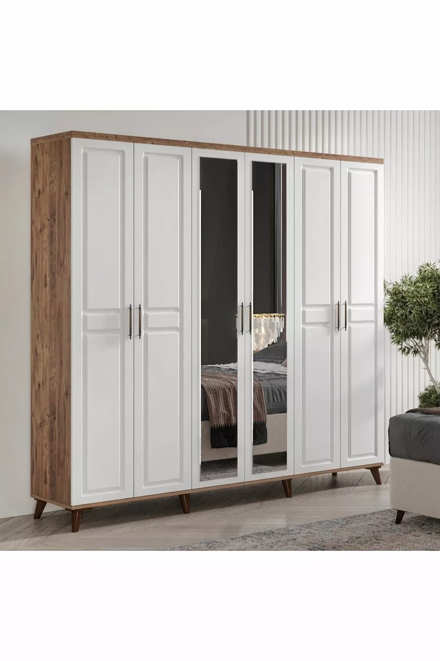 Camera da letto completa in MDF Sport con 6 ante, pino atlantico-bianco (con base)
