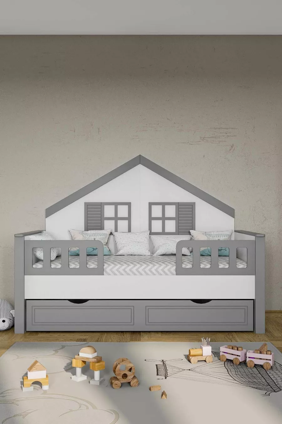 % MDF Materiaal Kinder Montessori Bed met Lade, Grijs