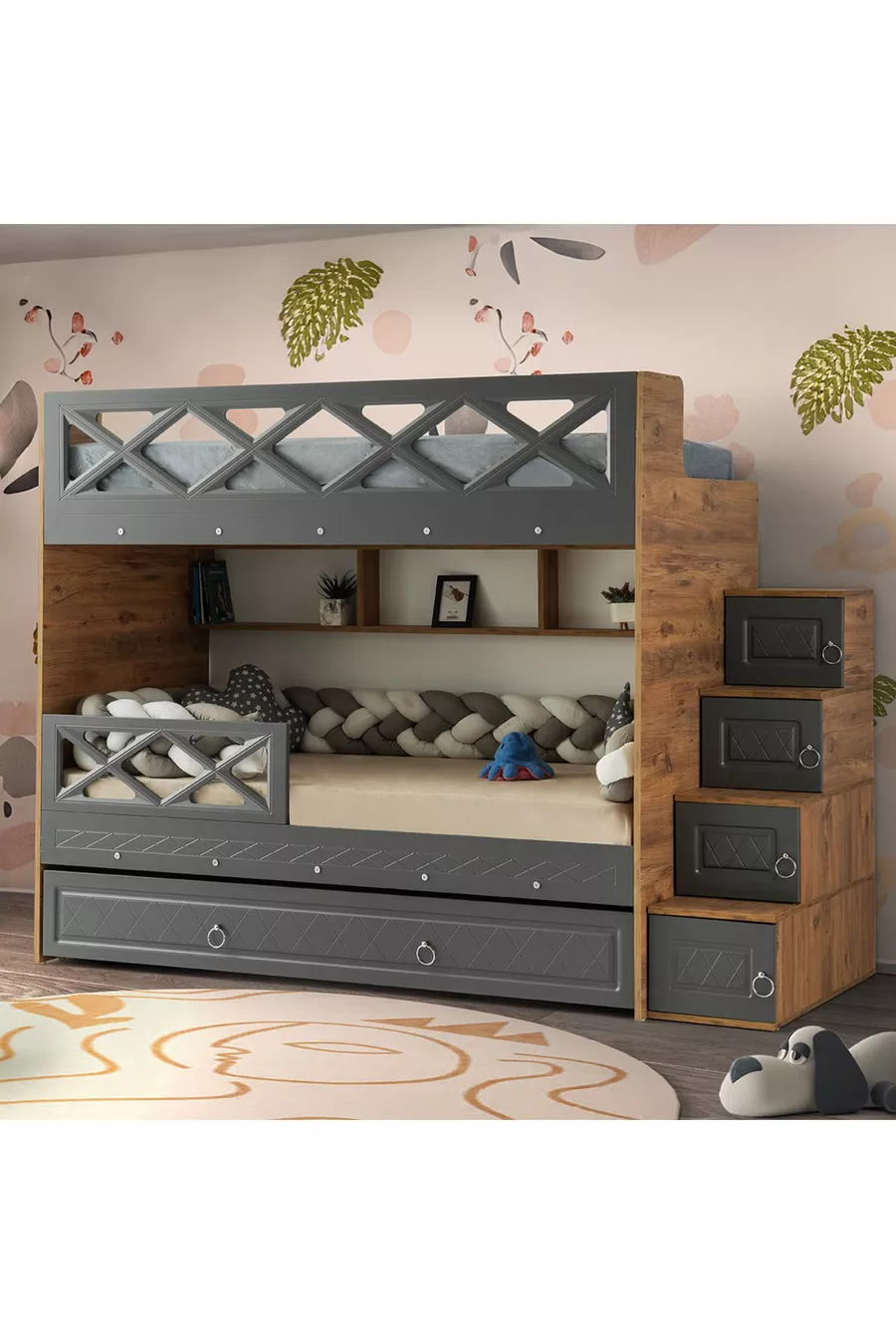 Mars Loft Bed with Storage, Anthracite & Wood, Steel-Supported Membrane Coating MDF