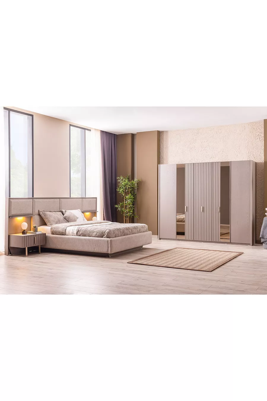 Camera da letto con letto e finiture latte