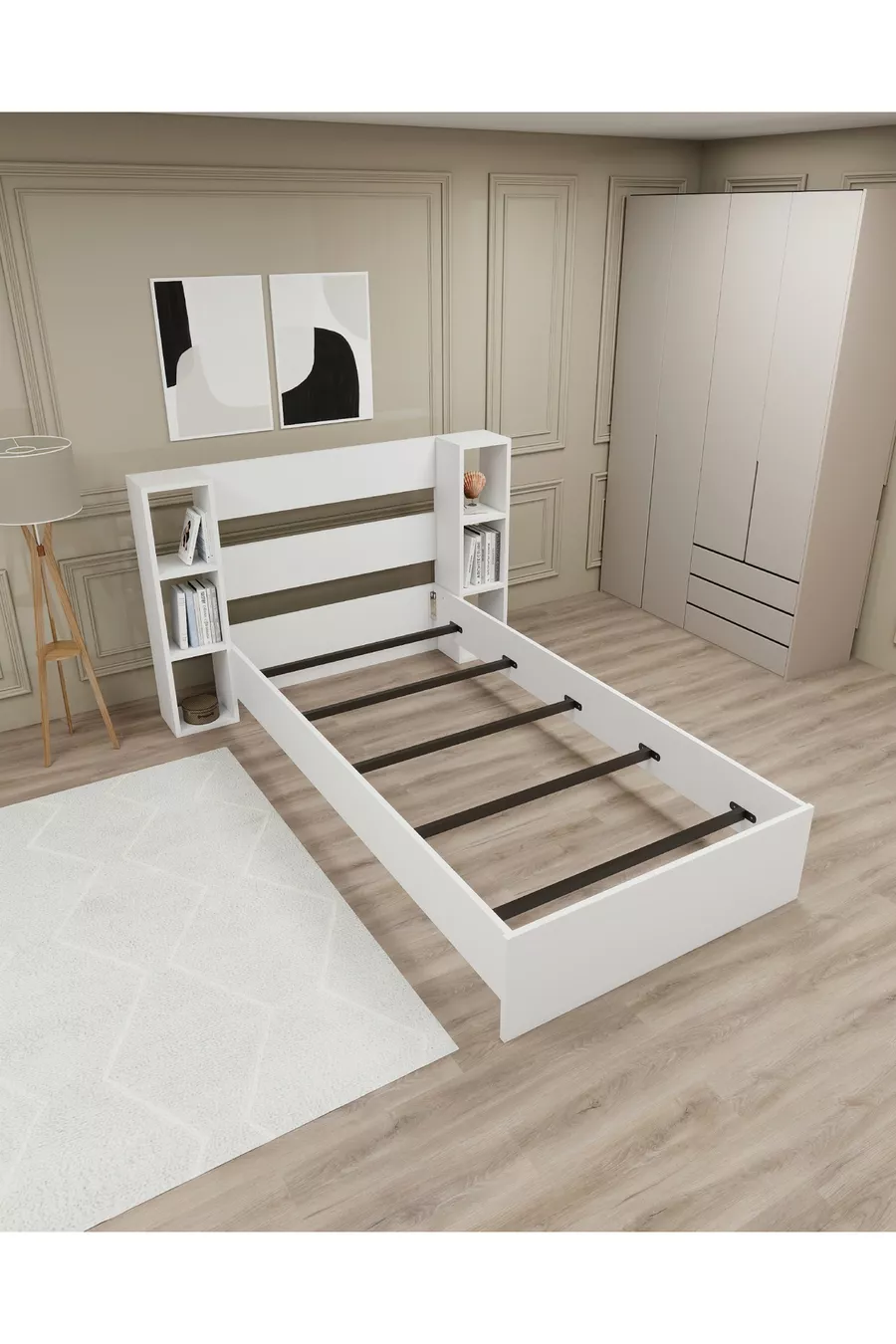 Lit simple avec étagère compatible avec matelas Smart, blanc - Smart