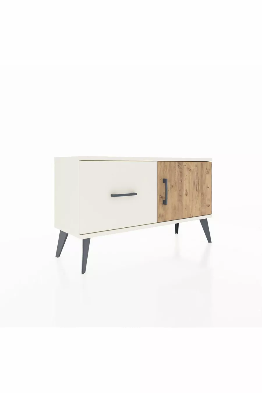 Commode Arges avec une étagère, un tiroir et une porte, coloris Pierre de Lune-Pin/Pierre de Lune