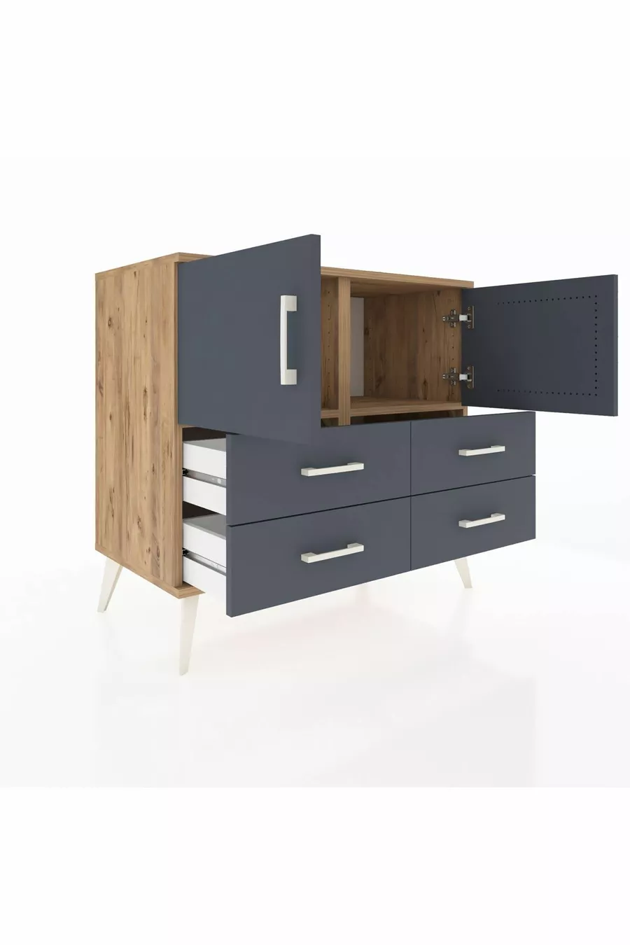 Commode Hyperion 2 étagères 4 tiroirs 2 portes Pin-Anthracite