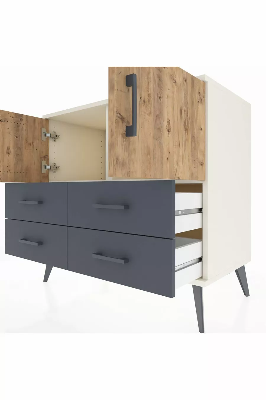 Commode Hyperion 2 étagères 4 tiroirs 2 portes Pierre de Lune-Sapin/Anthracite