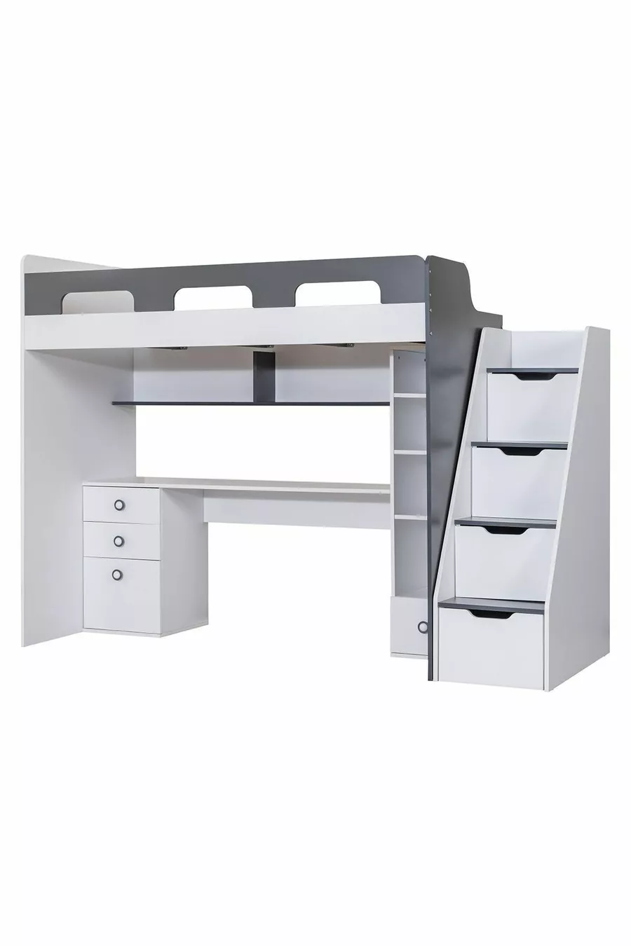 Lit superposé, bureau et bibliothèque Troya - Anthracite, 1 matelas Confort