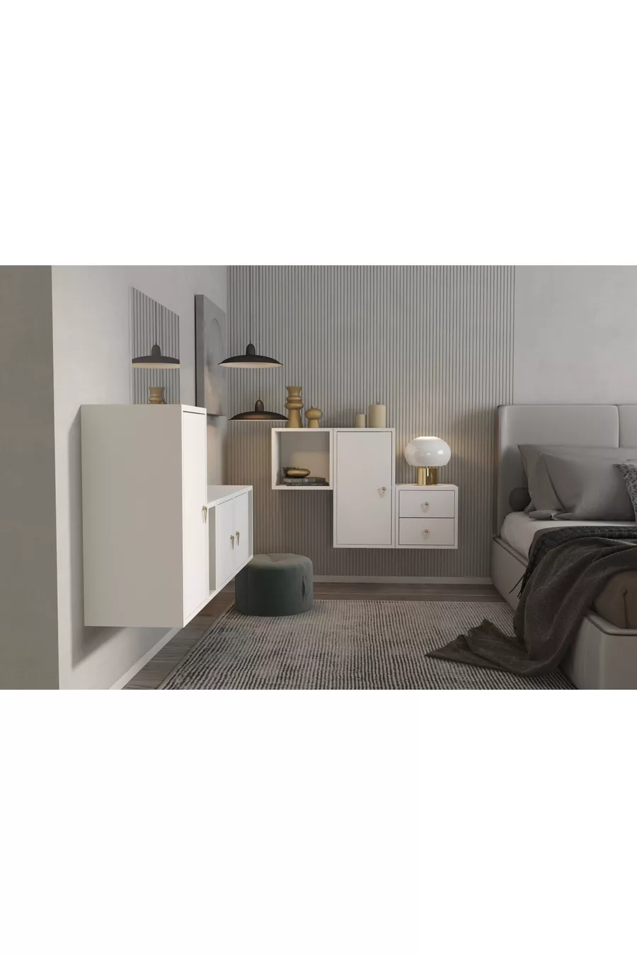 Set camera da letto modulare con armadio a cassetti con ante e set di scaffali