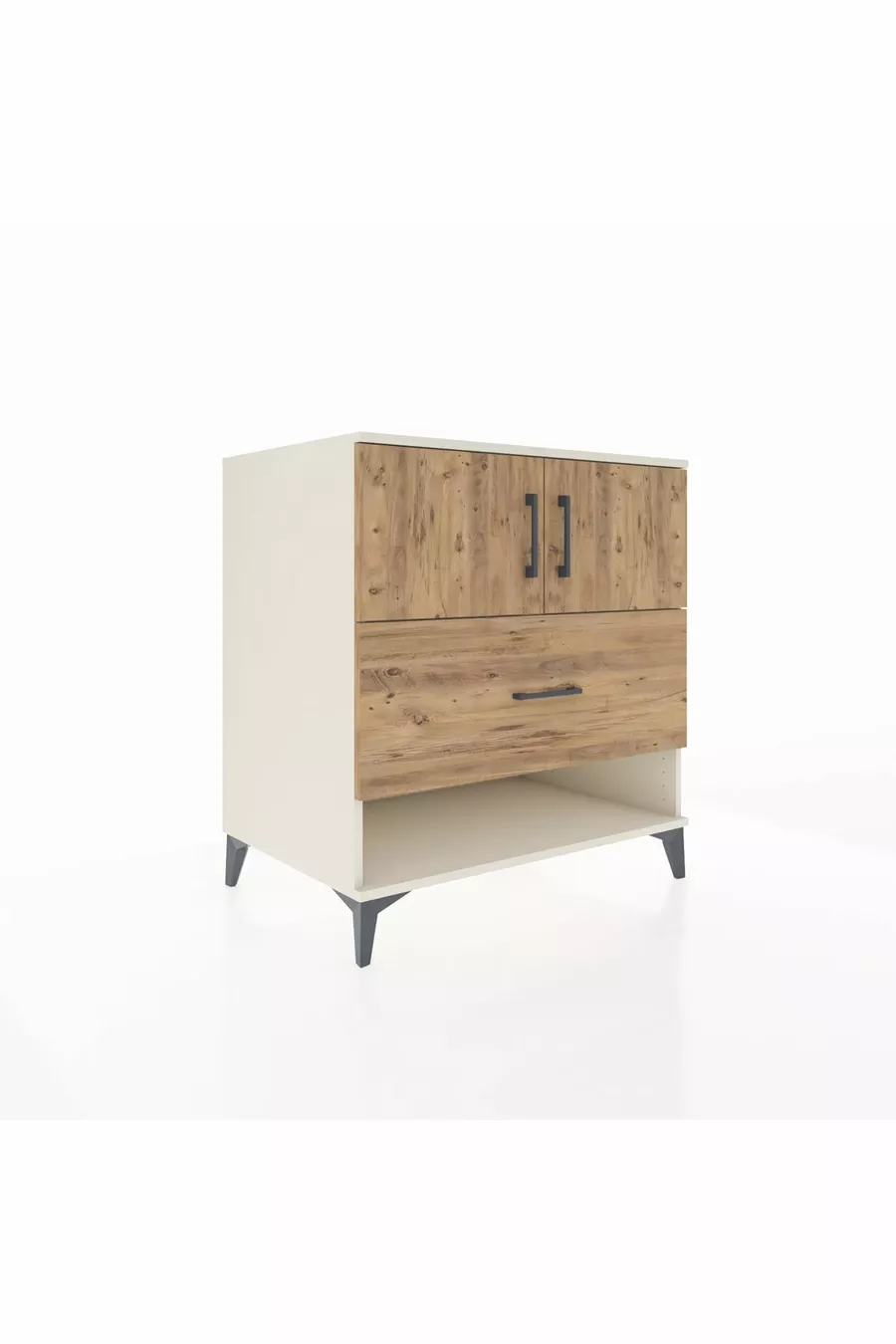 Commode Kronos avec 2 étagères, 1 tiroir et 2 portes, Pierre de Lune-Sapin